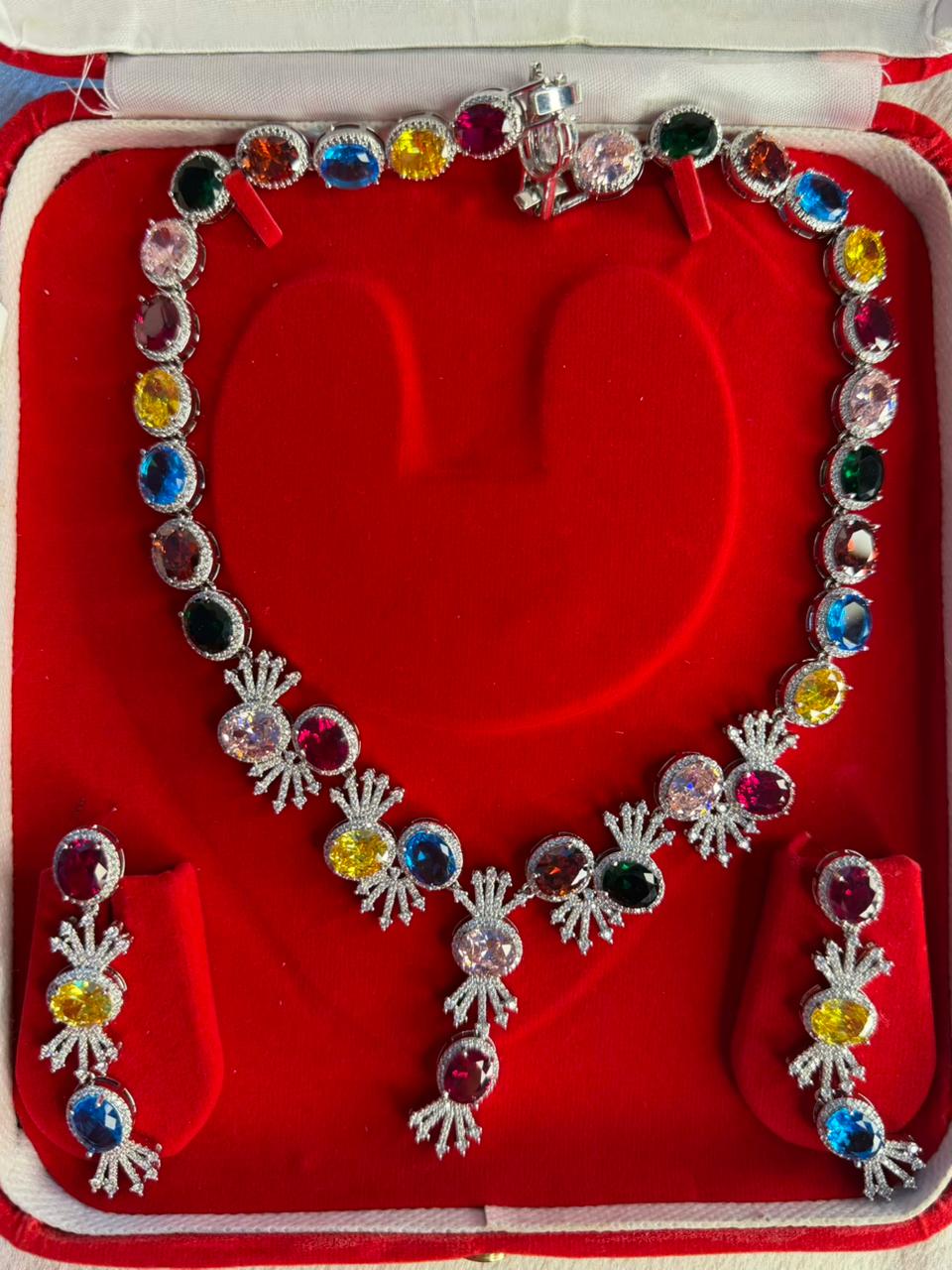 Premium Multicoloured Doublet Stone Luxury Necklace Set in 18k Thick Silver Plating