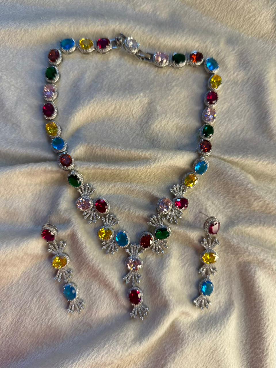 Premium Multicoloured Doublet Stone Luxury Necklace Set in 18k Thick Silver Plating