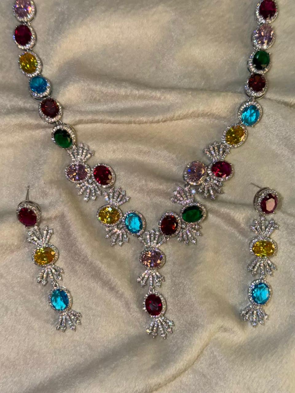 Premium Multicoloured Doublet Stone Luxury Necklace Set in 18k Thick Silver Plating