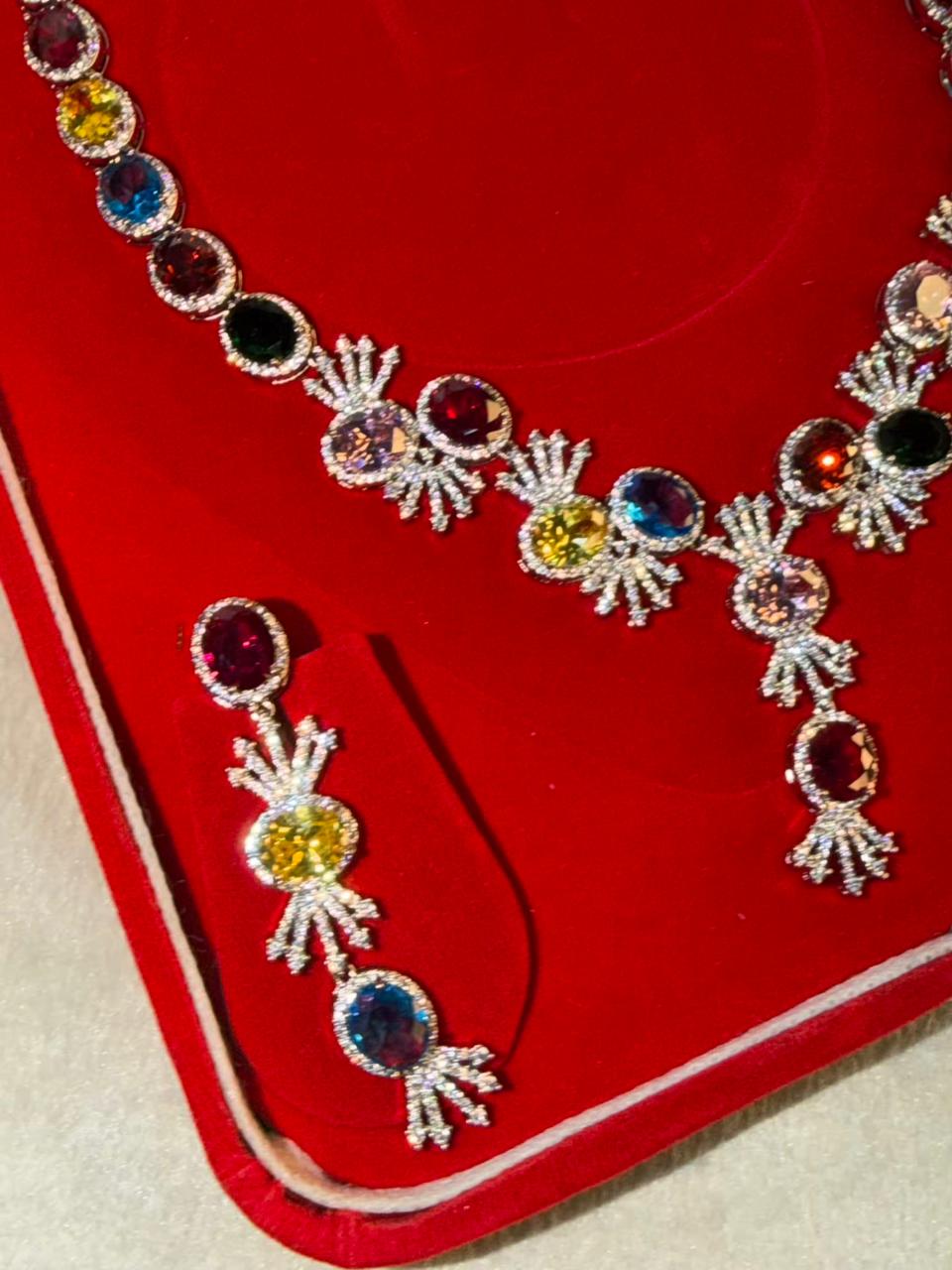 Premium Multicoloured Doublet Stone Luxury Necklace Set in 18k Thick Silver Plating