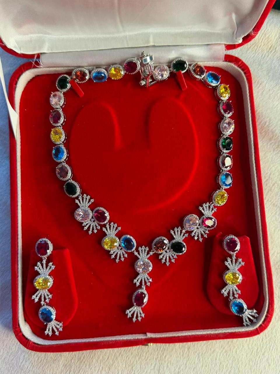 Premium Multicoloured Doublet Stone Luxury Necklace Set in 18k Thick Silver Plating