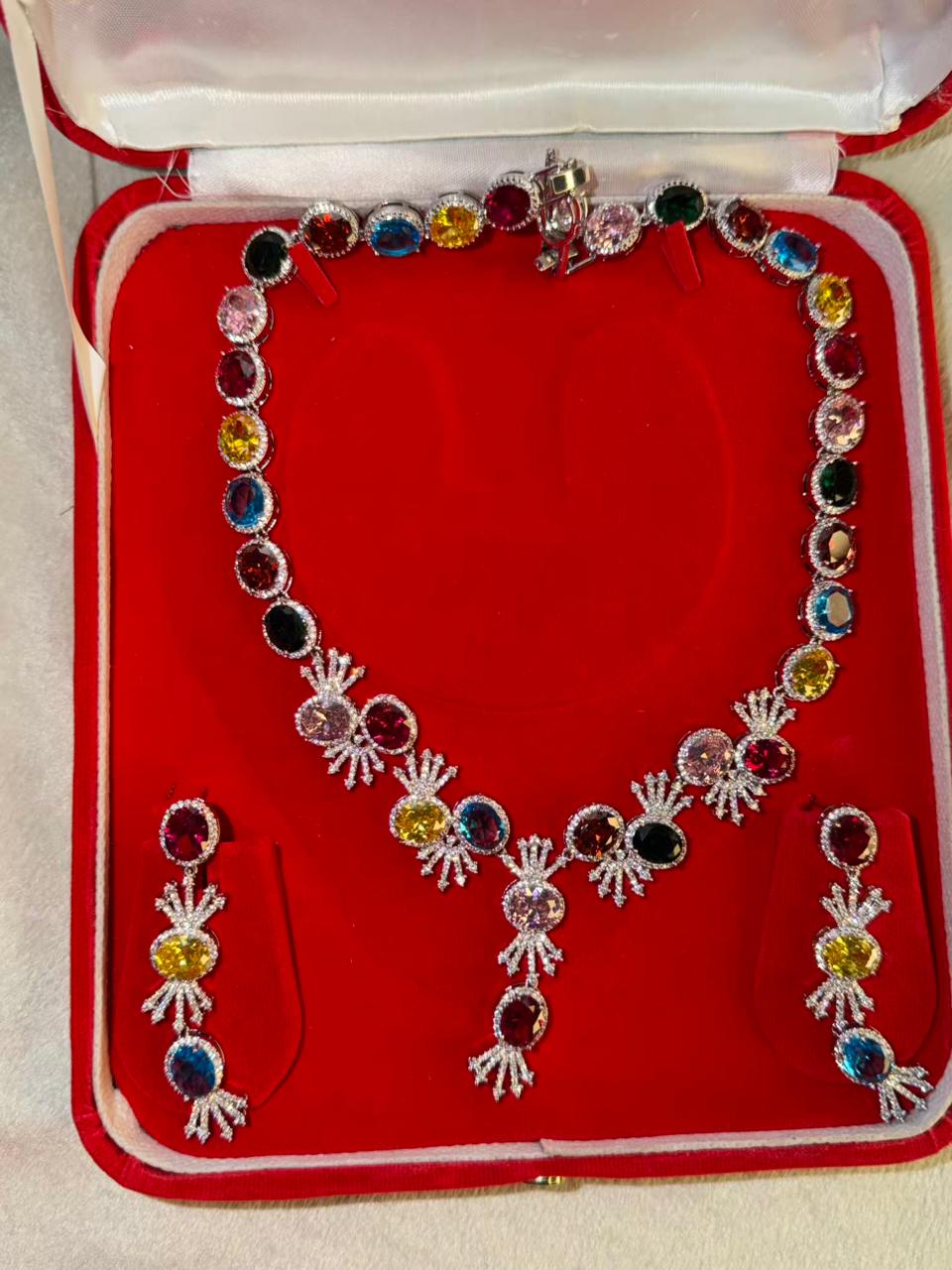 Premium Multicoloured Doublet Stone Luxury Necklace Set in 18k Thick Silver Plating