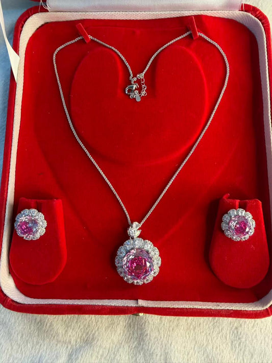 Pink Diamond Halo Shine Luxury Pendant with Studs