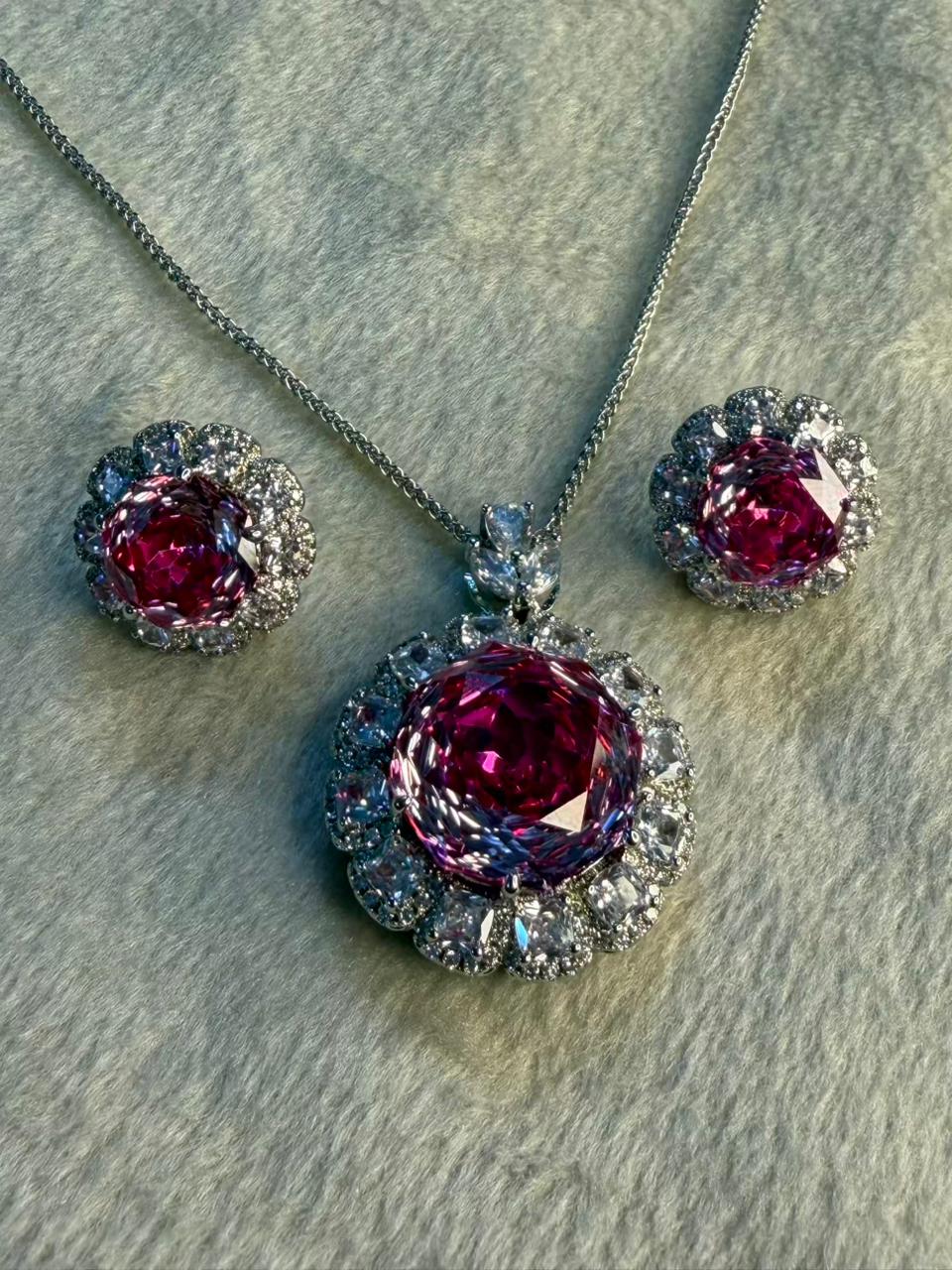 Pink Diamond Halo Shine Luxury Pendant with Studs