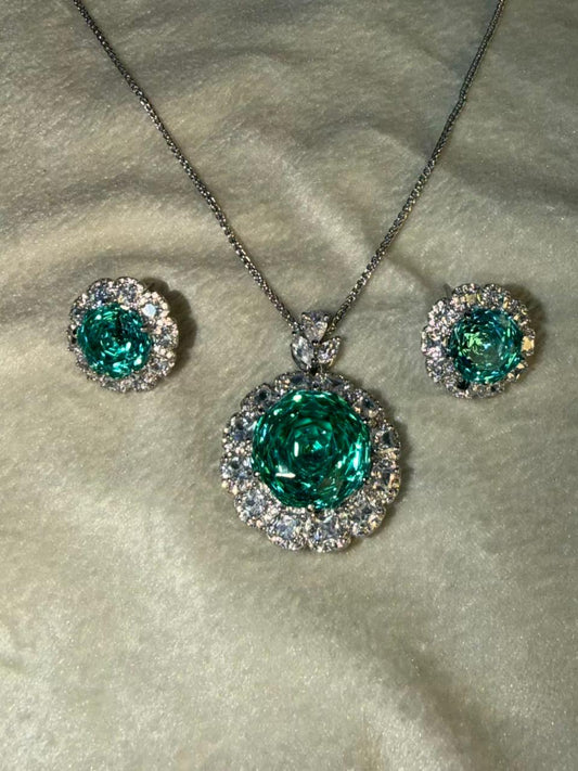 Emerald Ocean Green (Teal-Tone) Diamond Halo Pendant Set