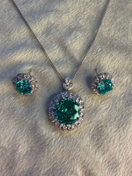 Emerald Ocean Green (Teal-Tone) Diamond Halo Pendant Set