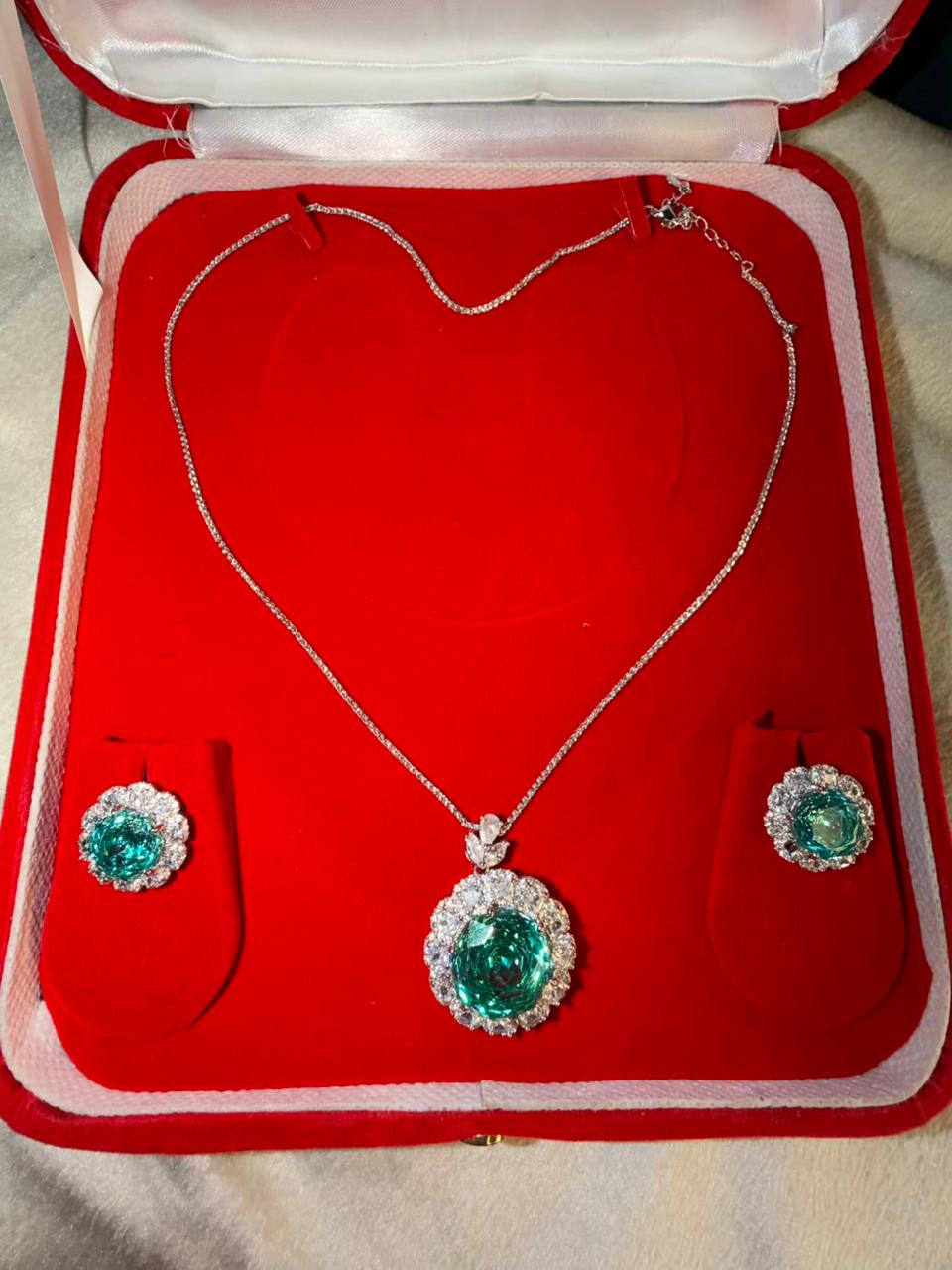 Emerald Ocean Green (Teal-Tone) Diamond Halo Pendant Set
