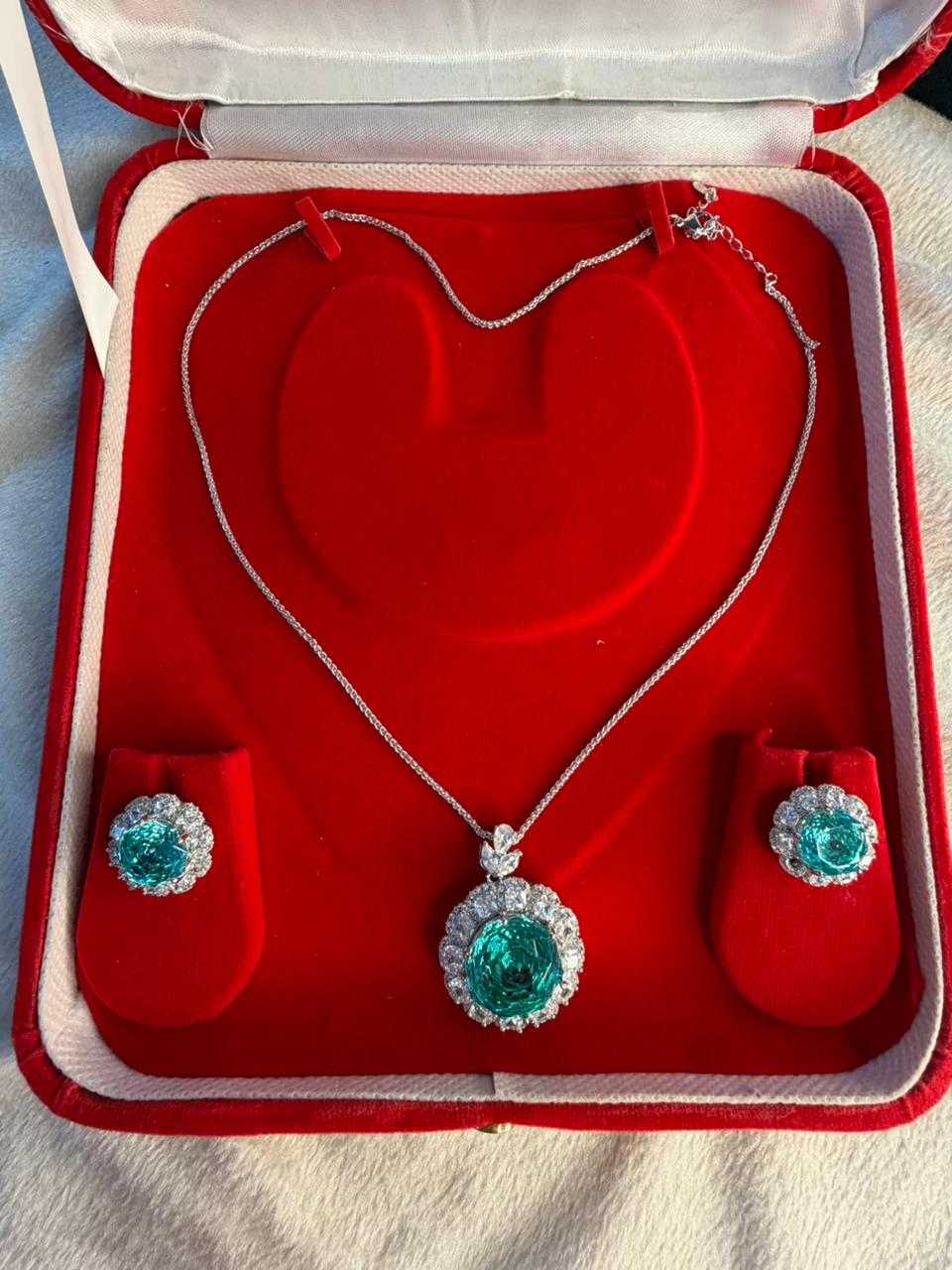 Emerald Ocean Green (Teal-Tone) Diamond Halo Pendant Set