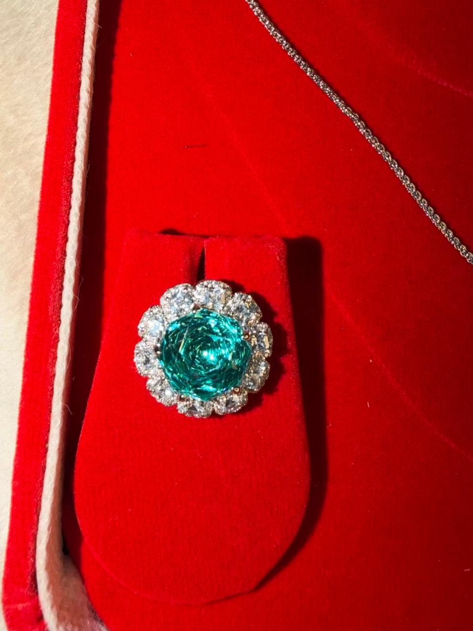 Emerald Ocean Green (Teal-Tone) Diamond Halo Pendant Set