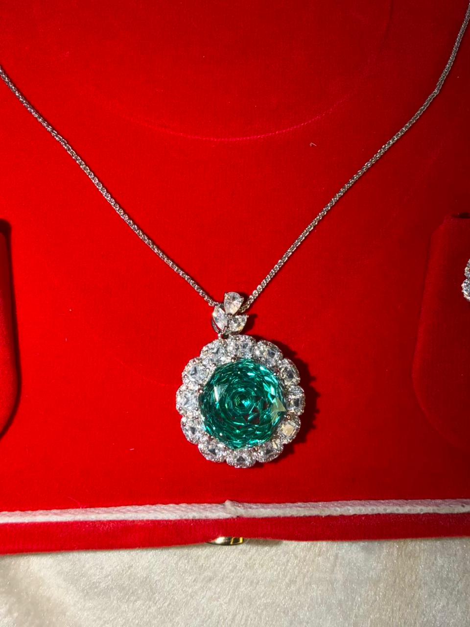 Emerald Ocean Green (Teal-Tone) Diamond Halo Pendant Set