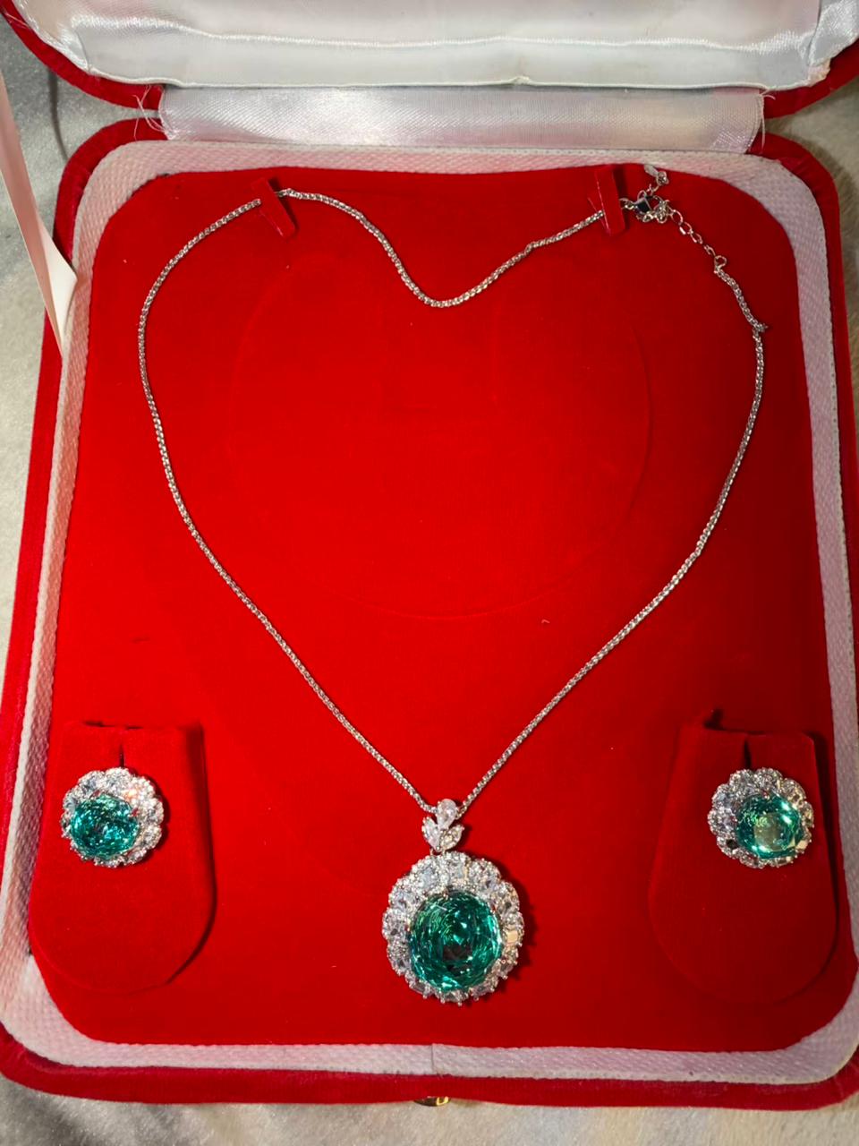 Emerald Ocean Green (Teal-Tone) Diamond Halo Pendant Set