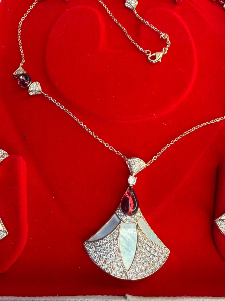 Triangular Floral Ruby Red Premium Necklace Plated with Studs