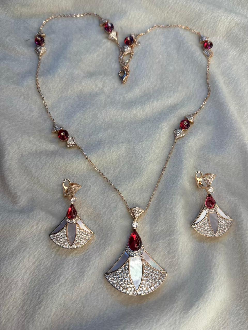 Triangular Floral Ruby Red Premium Necklace Plated with Studs