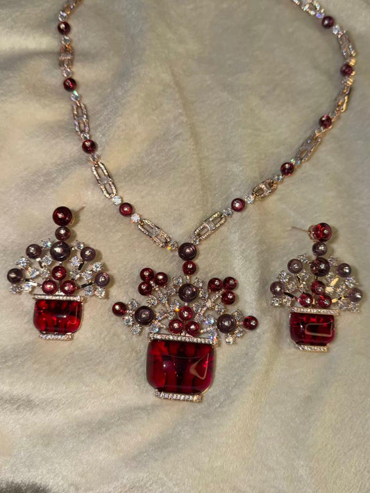 Ruby Stone Designer Necklace Set with Earrings – Crimson Crown Heirloom