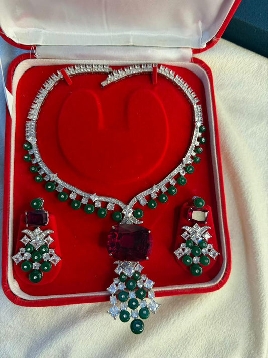 Ruby Red Stone Necklace Set with Emerald Green Bead Drops - Necklace and Earrings