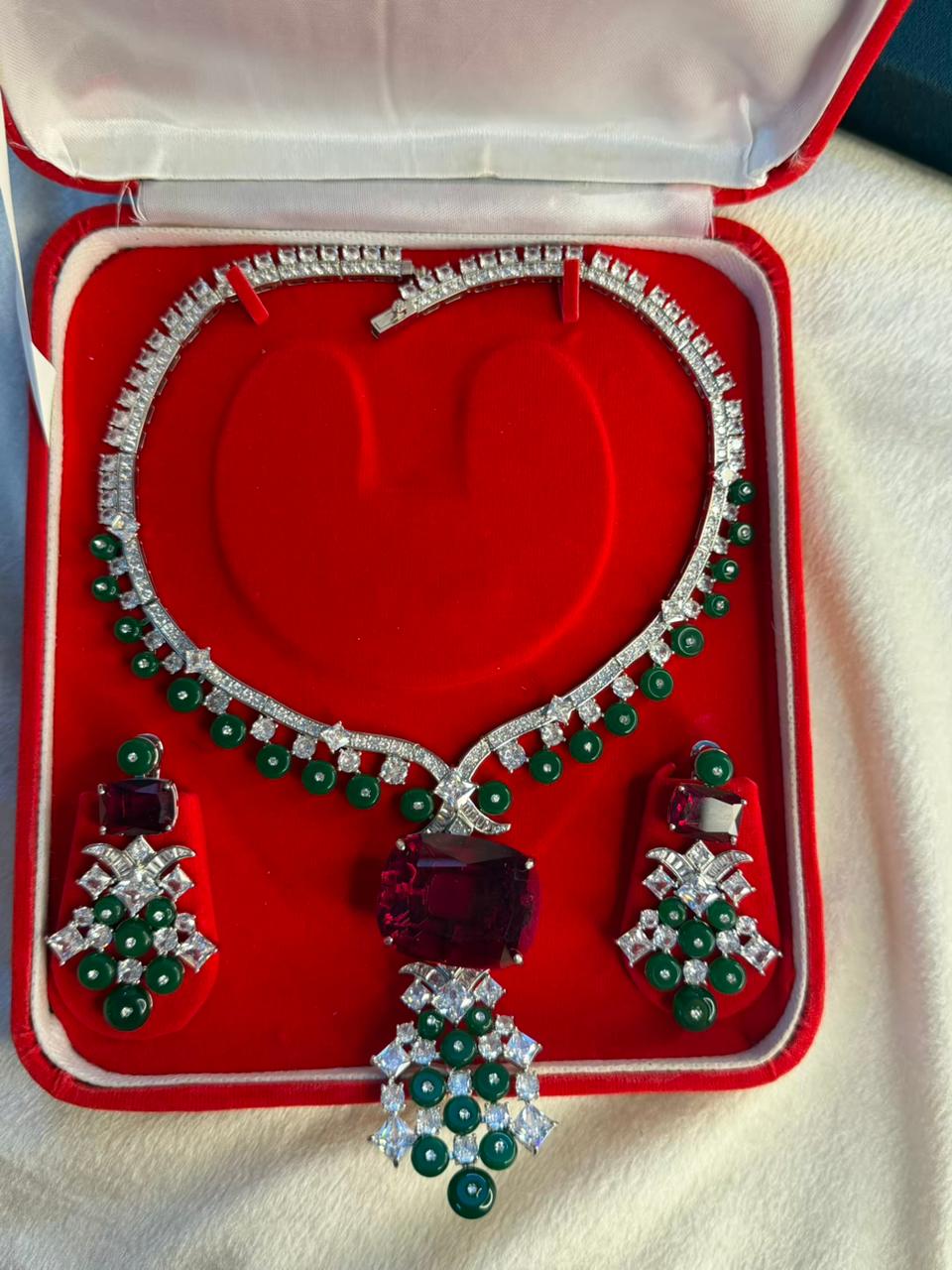 Ruby Red Stone Necklace Set with Emerald Green Bead Drops - Necklace and Earrings