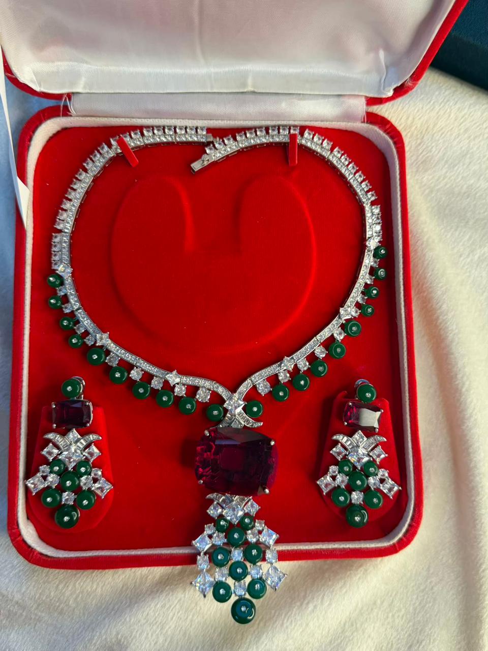 Ruby Red Stone Necklace Set with Emerald Green Bead Drops - Necklace and Earrings