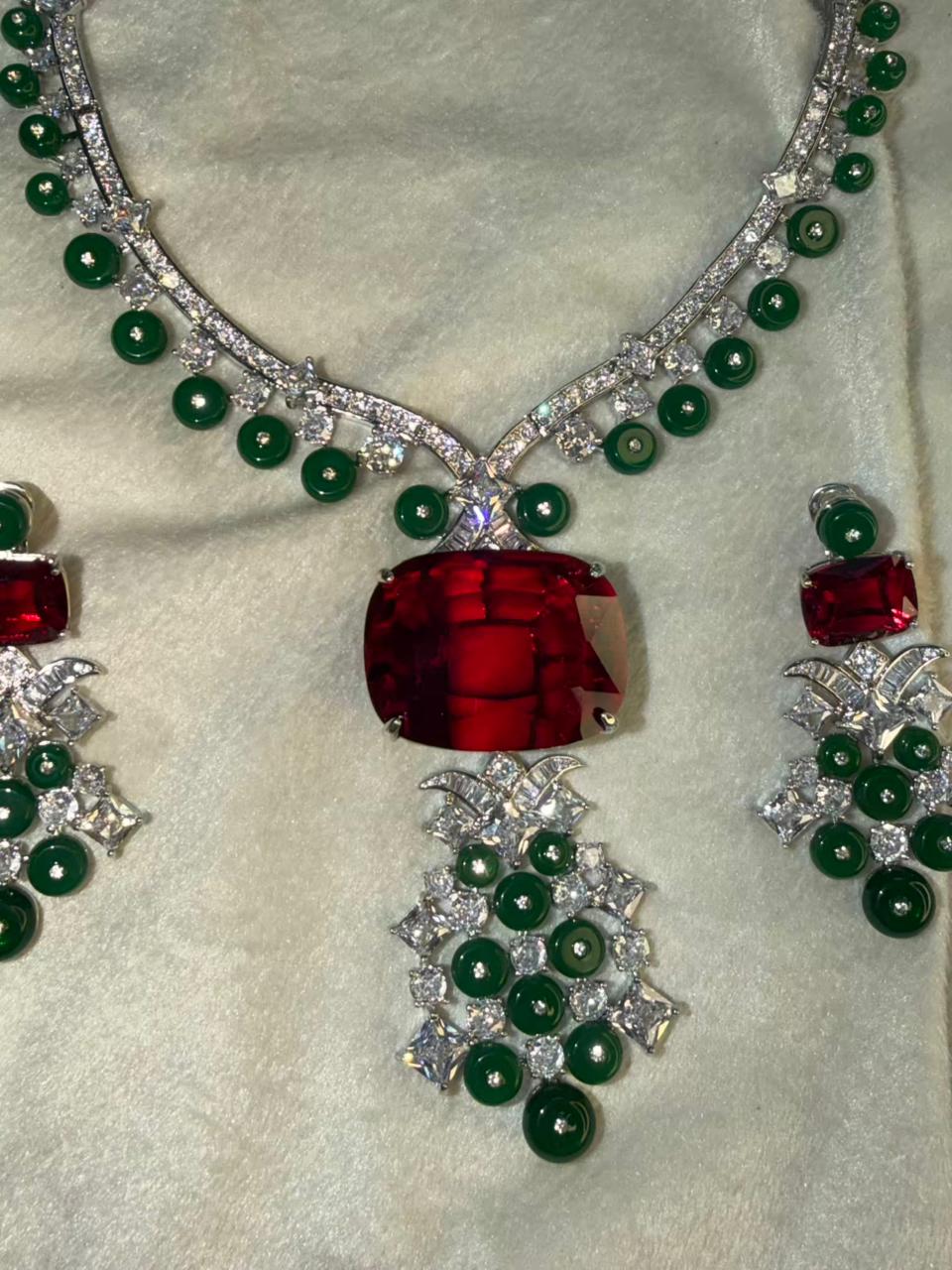 Ruby Red Stone Necklace Set with Emerald Green Bead Drops - Necklace and Earrings