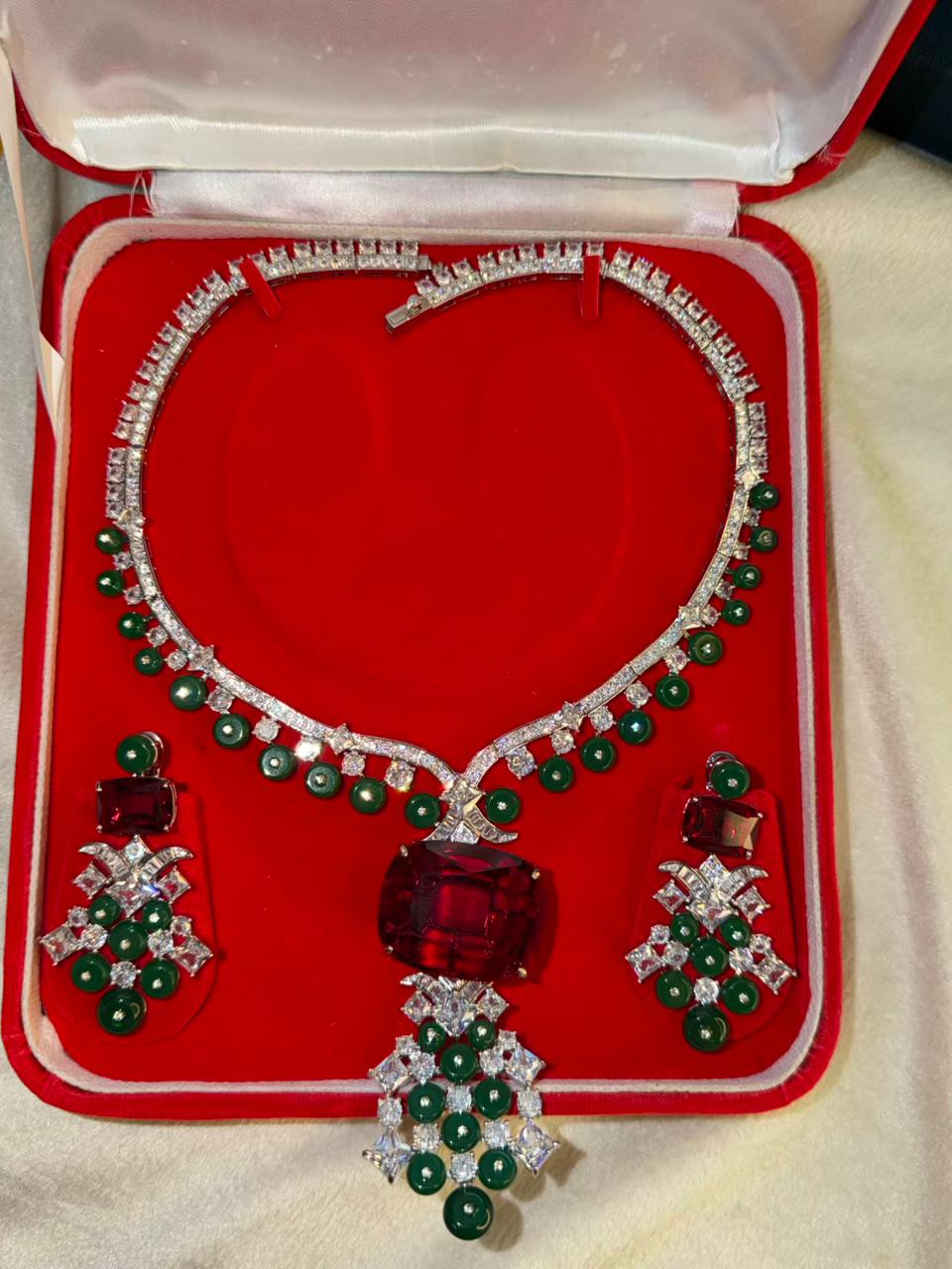 Ruby Red Stone Necklace Set with Emerald Green Bead Drops - Necklace and Earrings