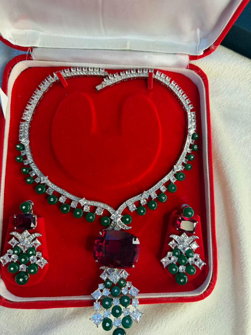 Ruby Red Stone Necklace Set with Emerald Green Bead Drops - Necklace and Earrings
