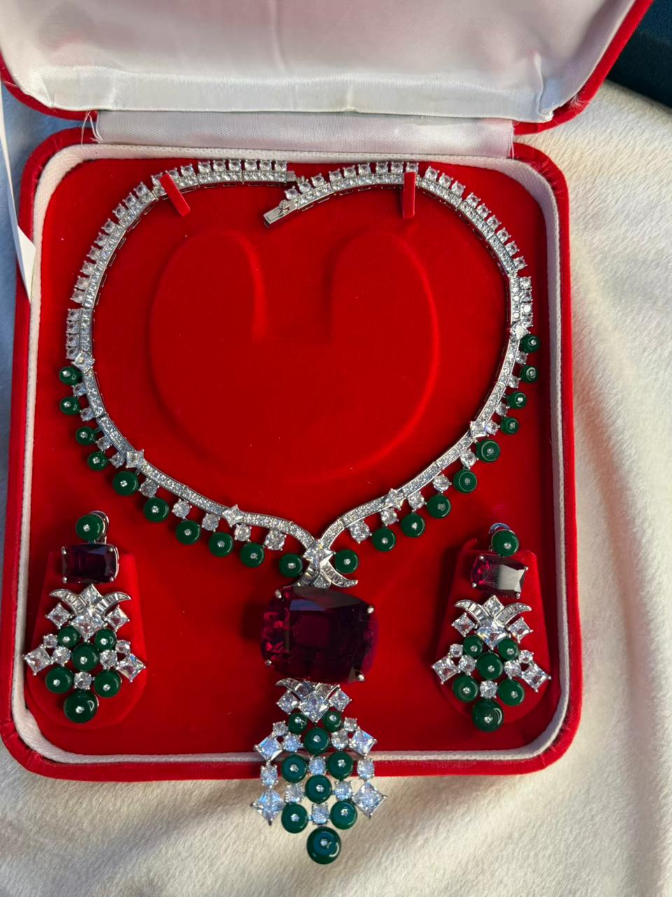 Ruby Red Stone Necklace Set with Emerald Green Bead Drops - Necklace and Earrings