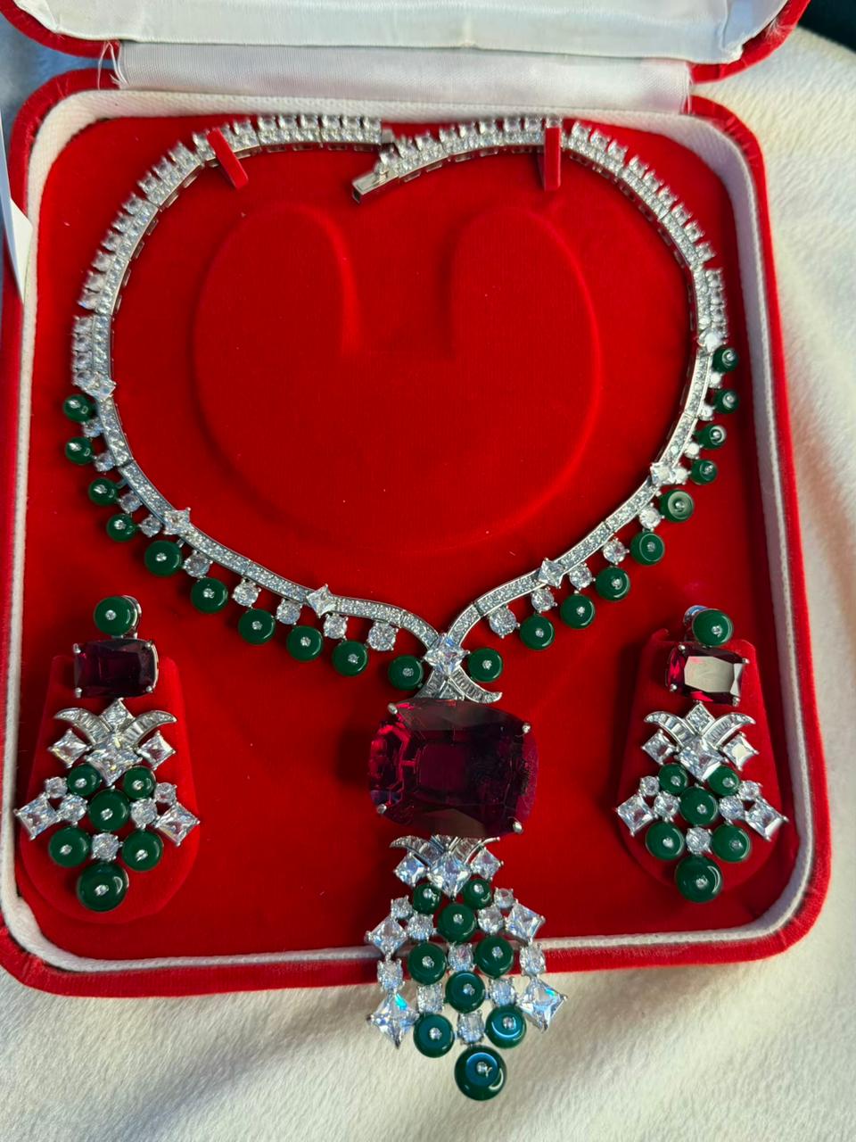 Ruby Red Stone Necklace Set with Emerald Green Bead Drops - Necklace and Earrings