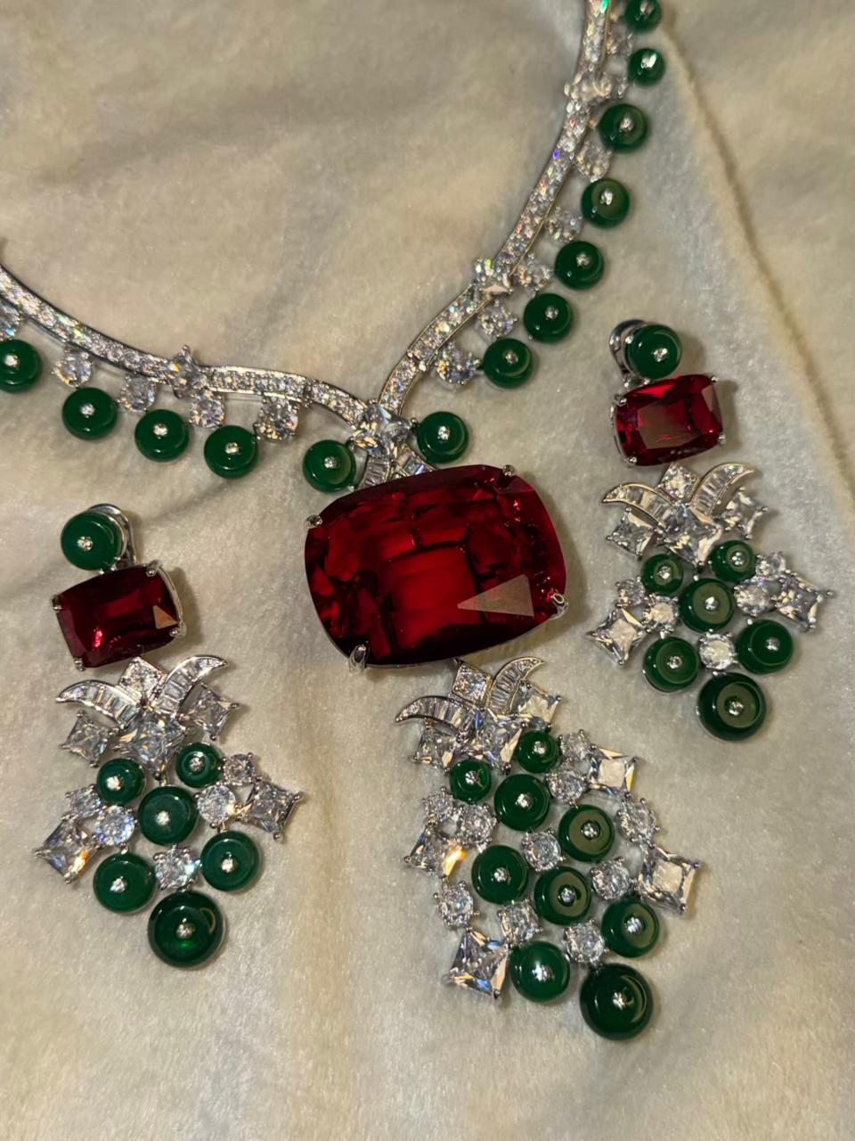 Ruby Red Stone Necklace Set with Emerald Green Bead Drops - Necklace and Earrings