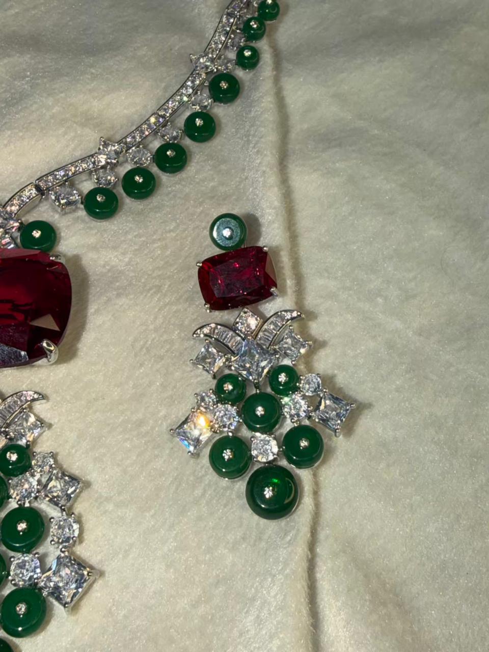 Ruby Red Stone Necklace Set with Emerald Green Bead Drops - Necklace and Earrings