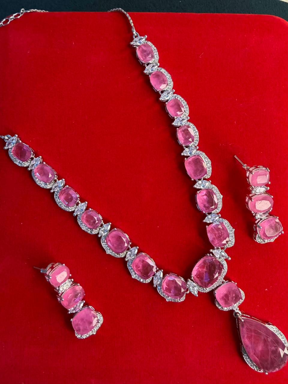Rose Pink Premium Doublet Stone Diamond Necklace Set