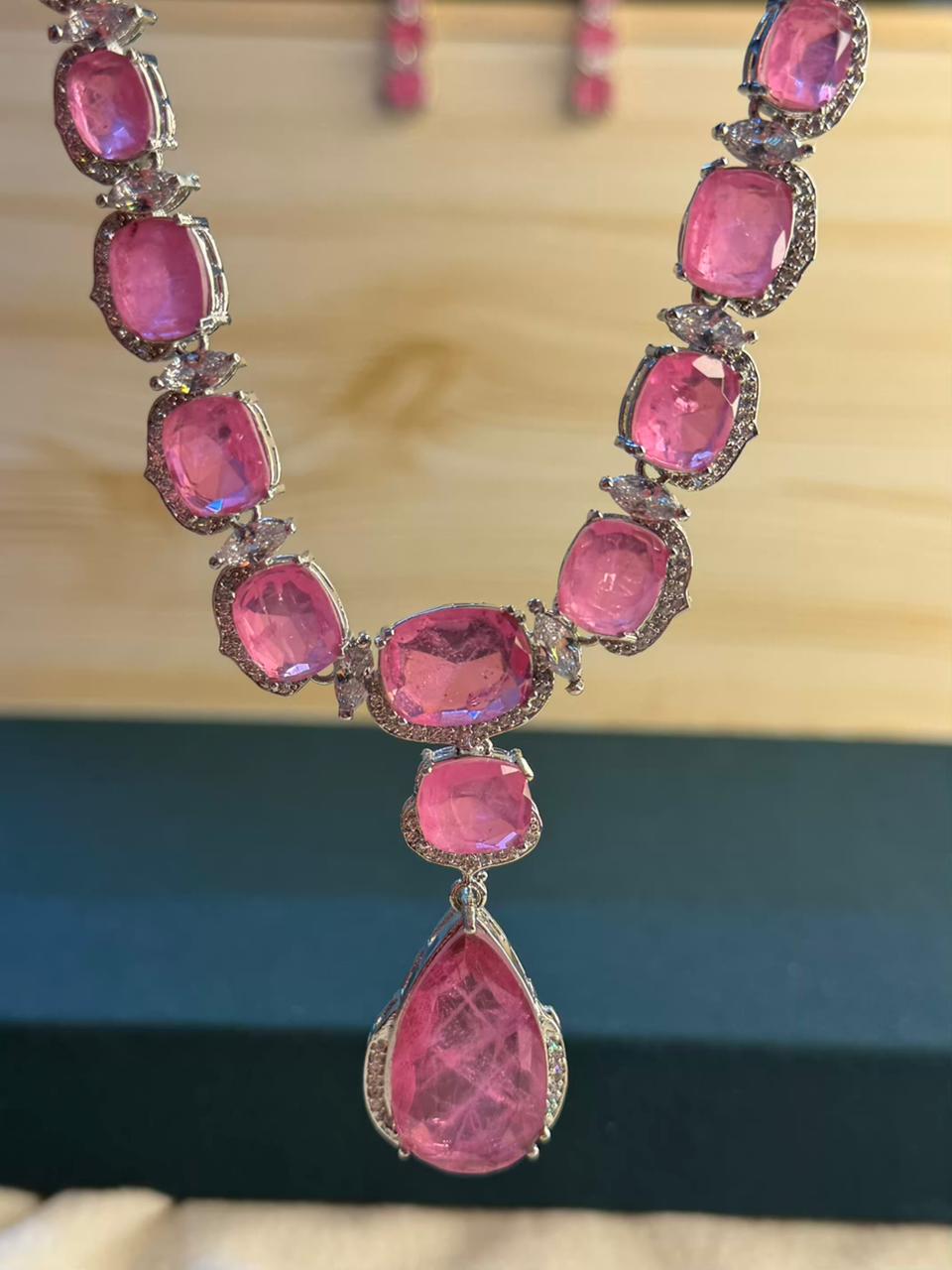 Rose Pink Premium Doublet Stone Diamond Necklace Set