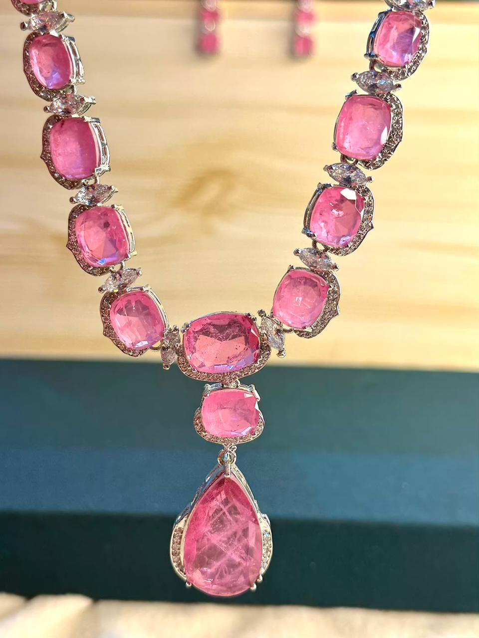 Rose Pink Premium Doublet Stone Diamond Necklace Set