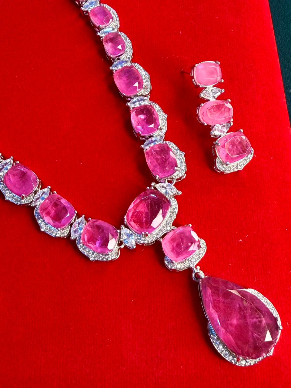 Rose Pink Premium Doublet Stone Diamond Necklace Set