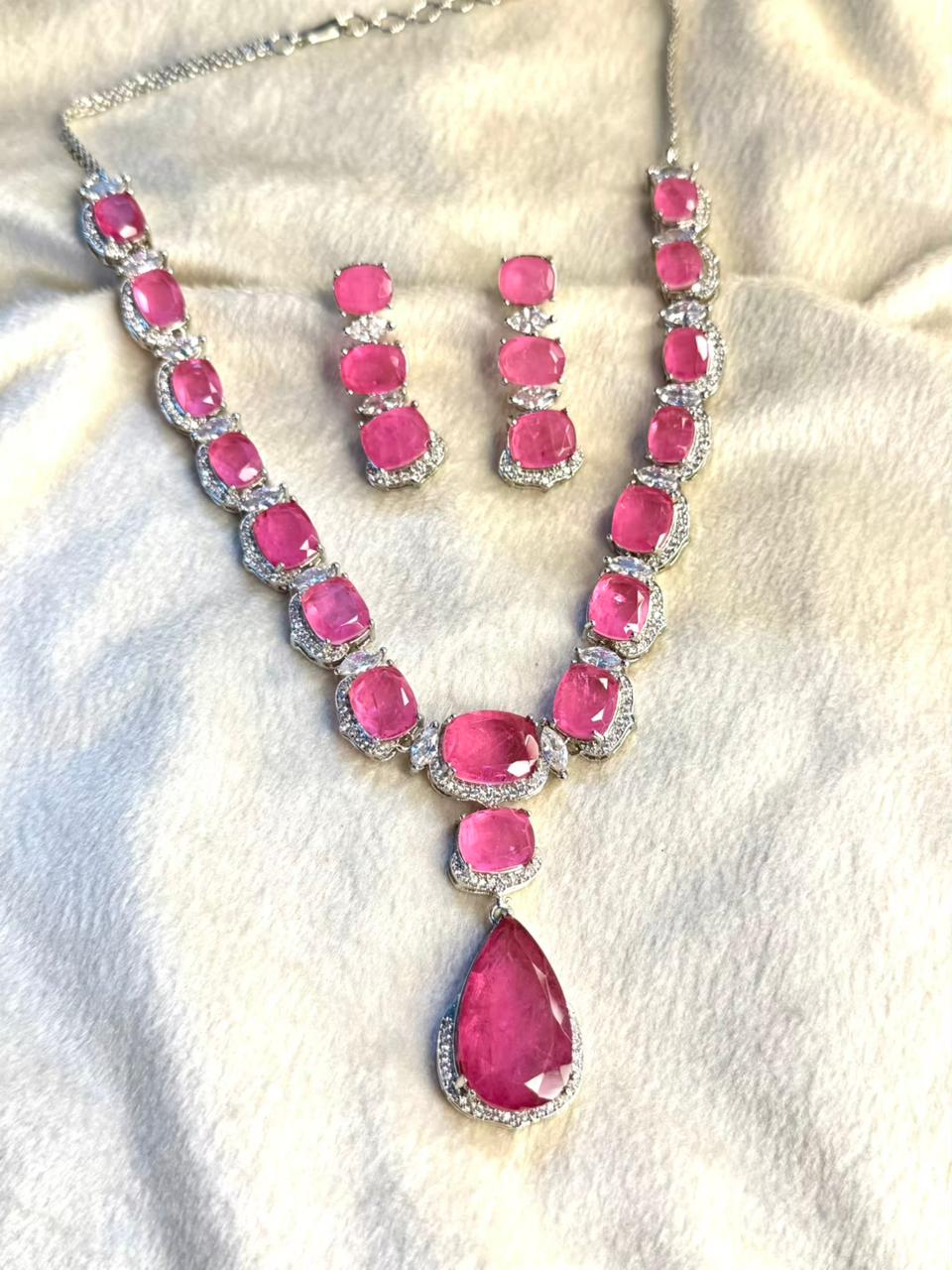 Rose Pink Premium Doublet Stone Diamond Necklace Set