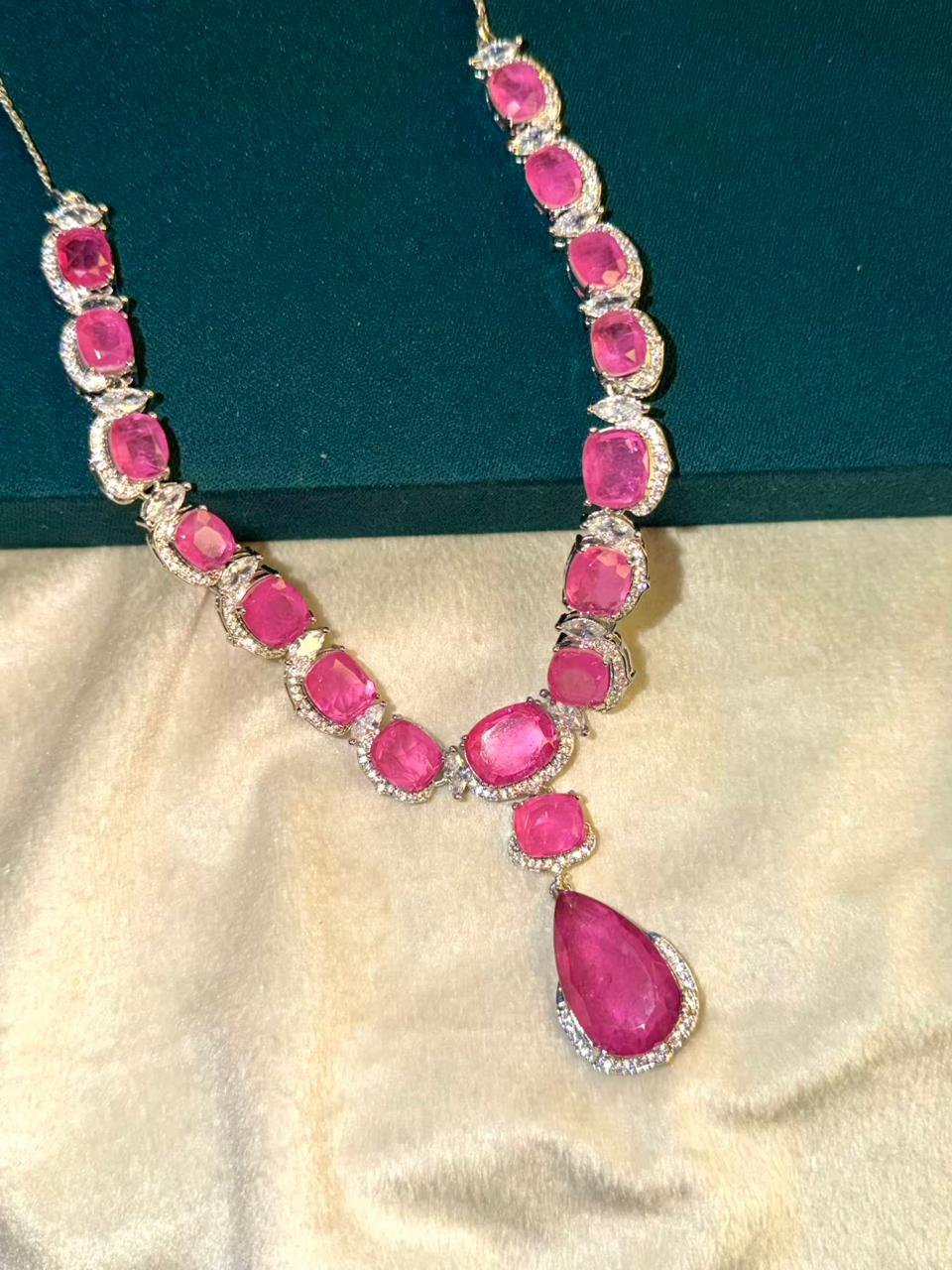Rose Pink Premium Doublet Stone Diamond Necklace Set