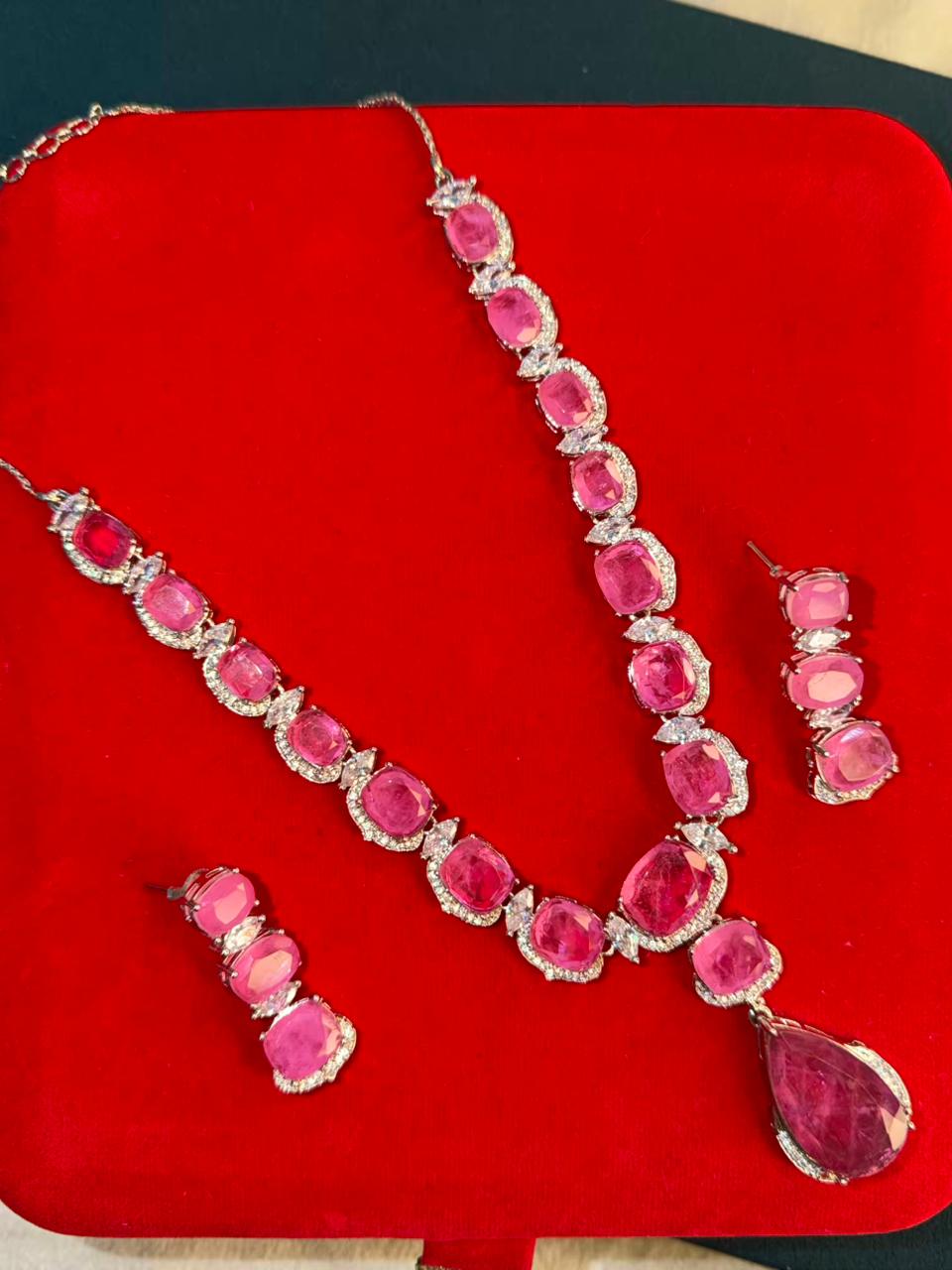Rose Pink Premium Doublet Stone Diamond Necklace Set