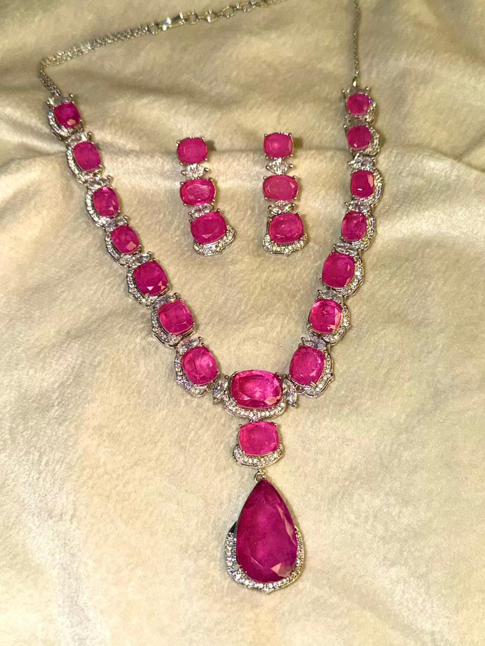 Rose Pink Premium Doublet Stone Diamond Necklace Set