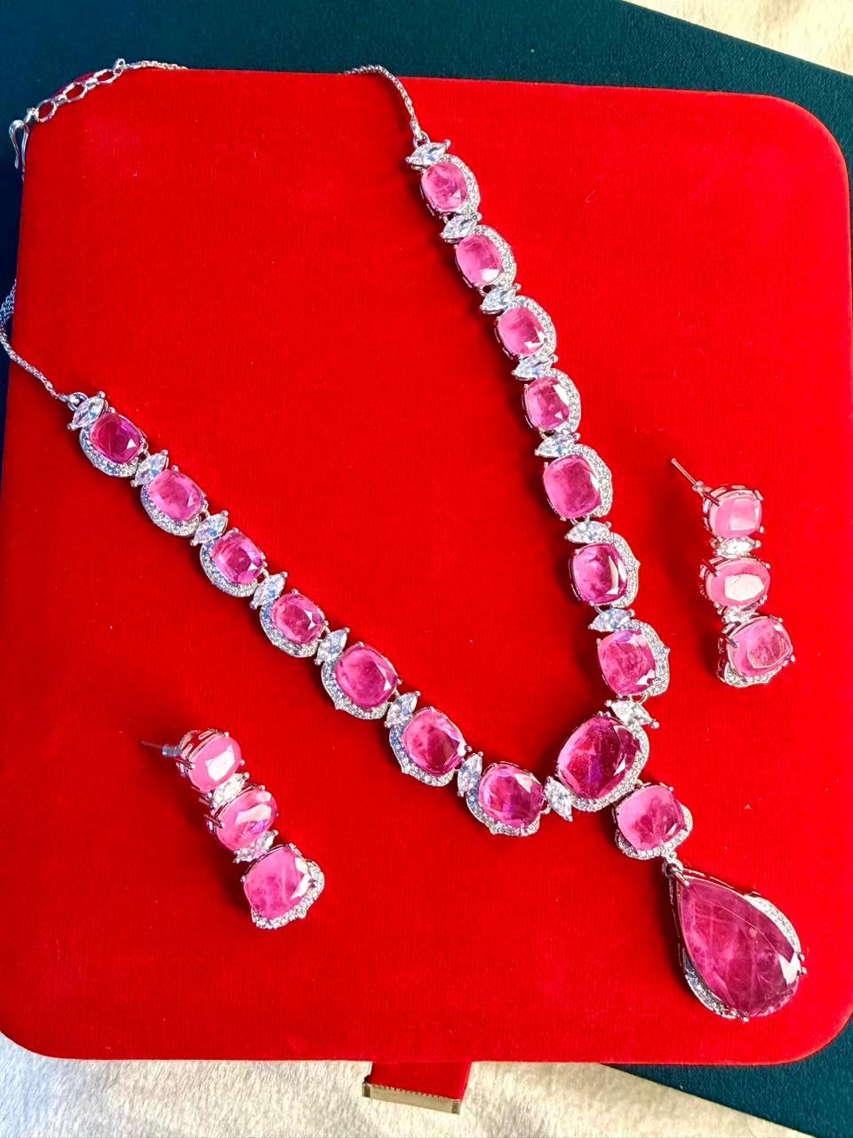 Rose Pink Premium Doublet Stone Diamond Necklace Set