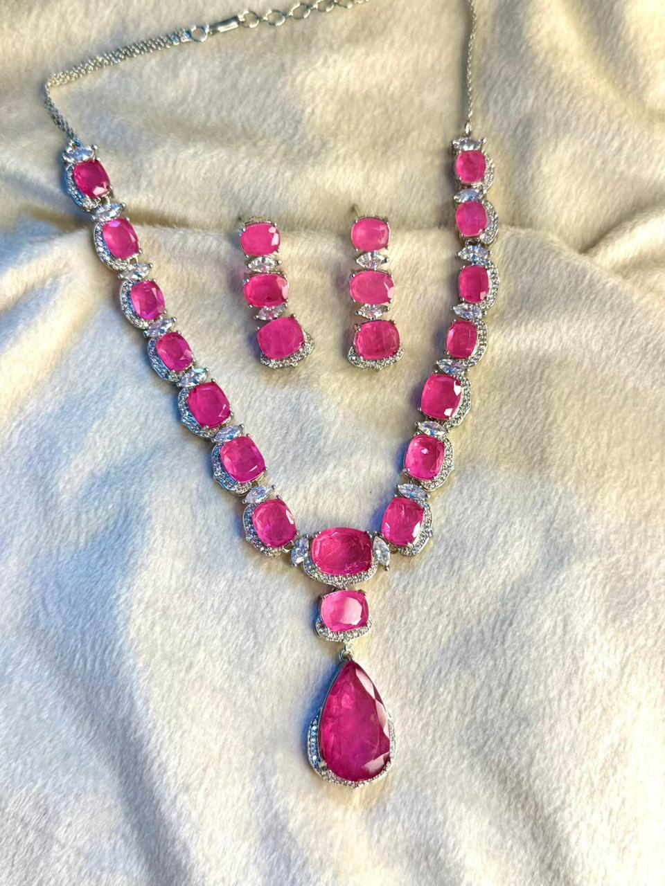 Rose Pink Premium Doublet Stone Diamond Necklace Set