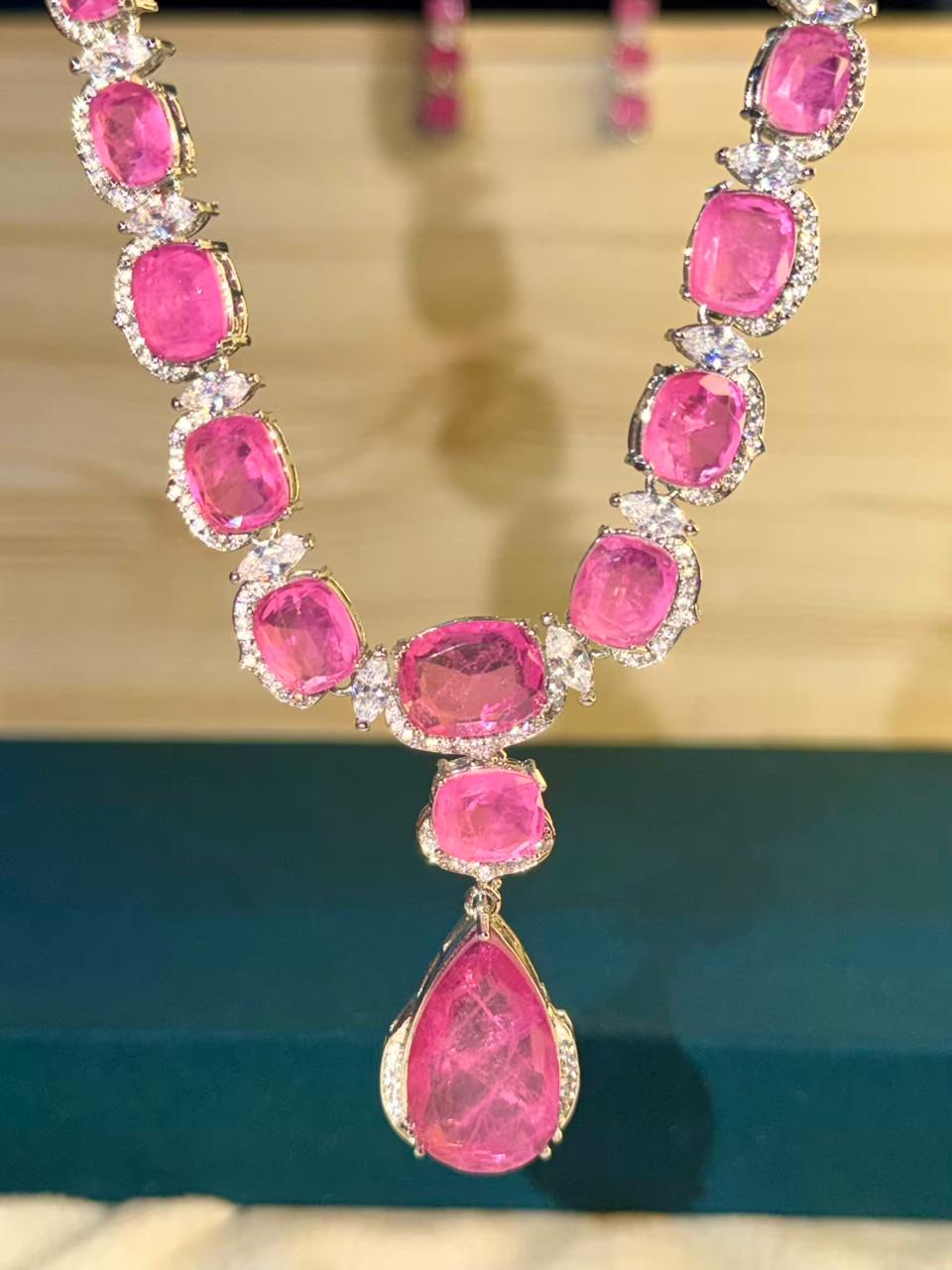 Rose Pink Premium Doublet Stone Diamond Necklace Set