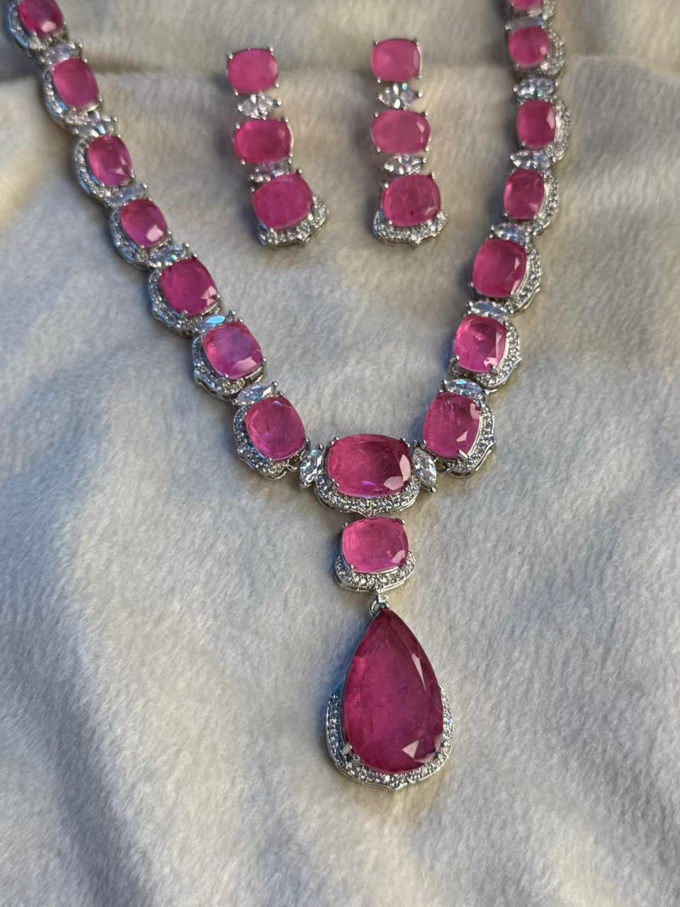 Rose Pink Premium Doublet Stone Diamond Necklace Set