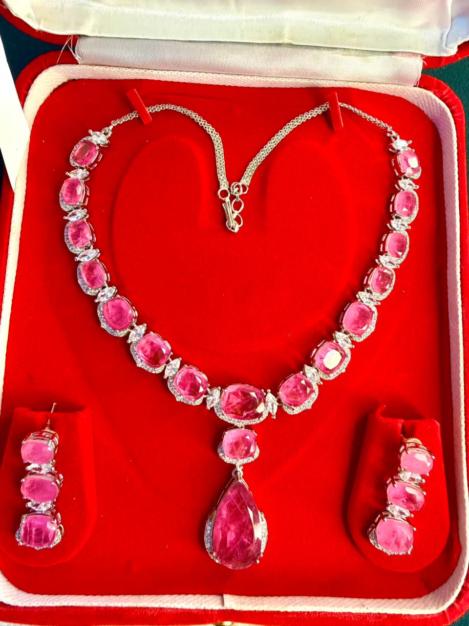 Rose Pink Premium Doublet Stone Diamond Necklace Set