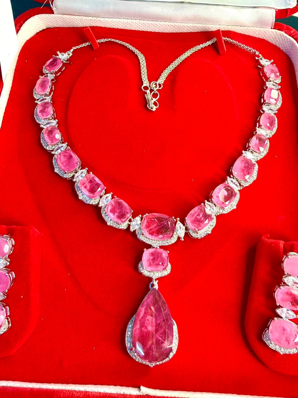 Rose Pink Premium Doublet Stone Diamond Necklace Set
