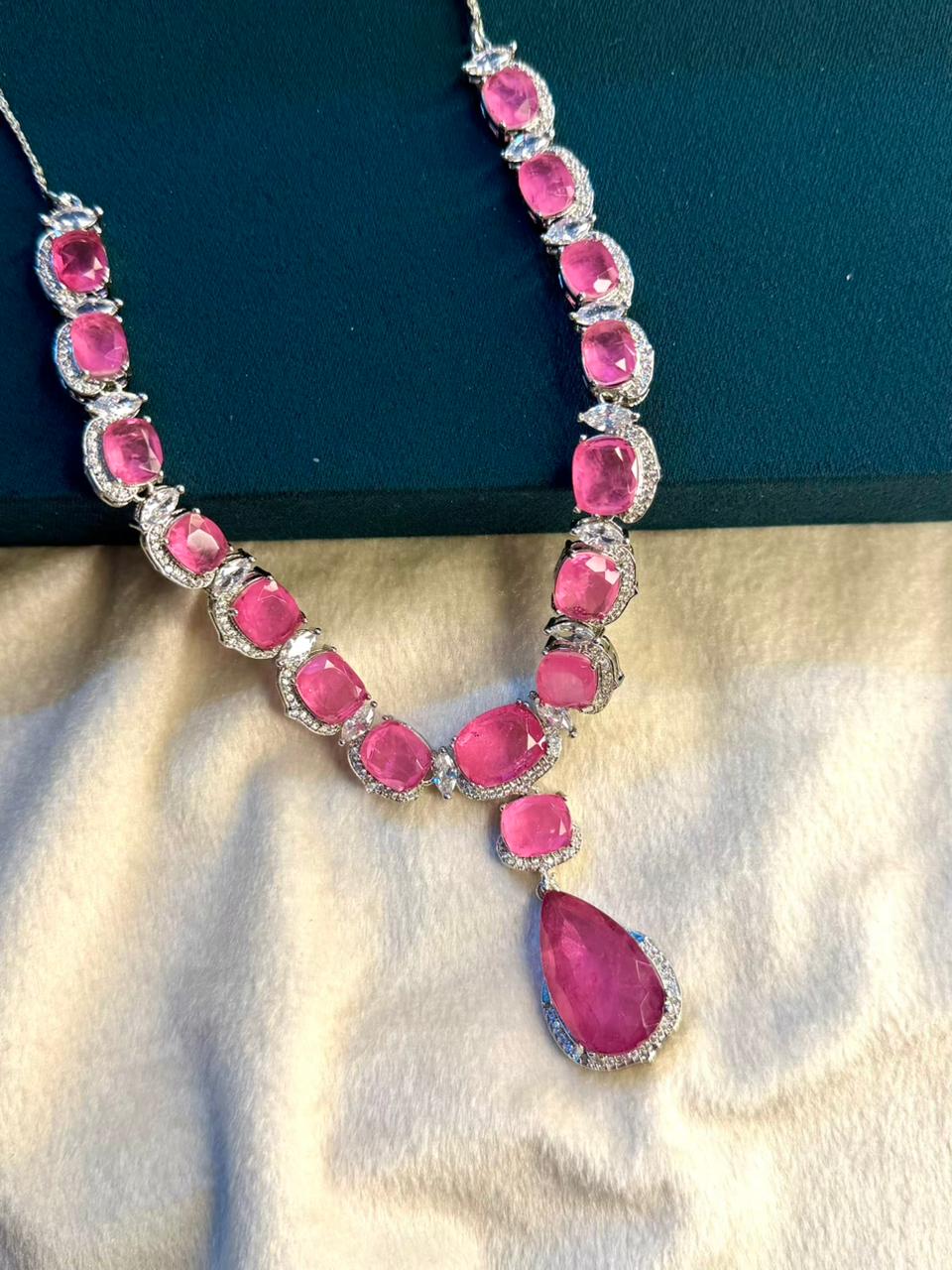 Rose Pink Premium Doublet Stone Diamond Necklace Set