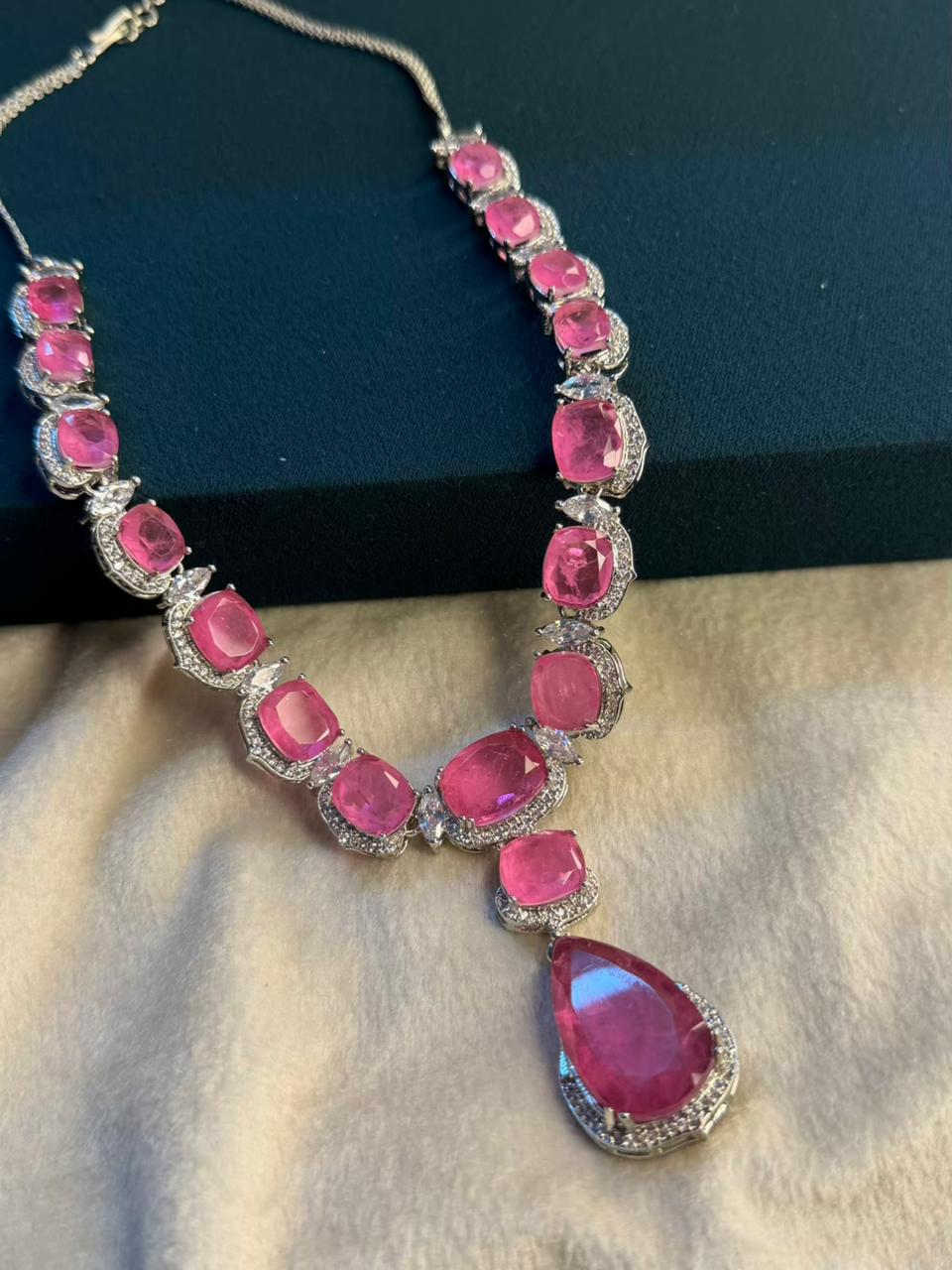 Rose Pink Premium Doublet Stone Diamond Necklace Set
