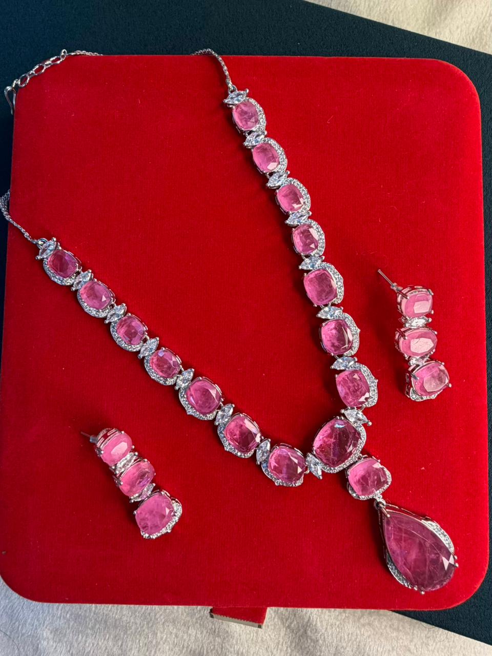 Rose Pink Premium Doublet Stone Diamond Necklace Set