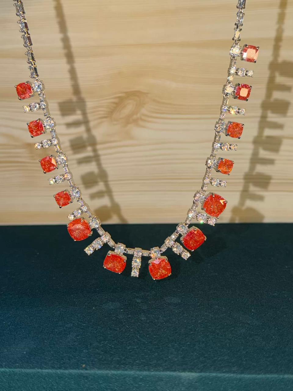 Fierce Orange Milky Stone Rhodium Silver Necklace Set with Earrings