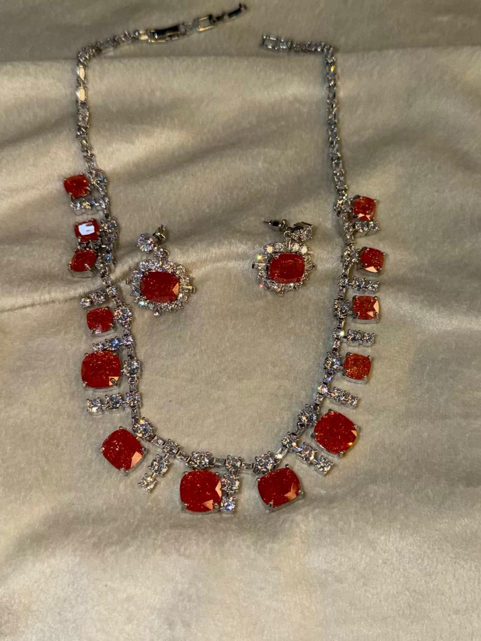 Fierce Orange Milky Stone Rhodium Silver Necklace Set with Earrings