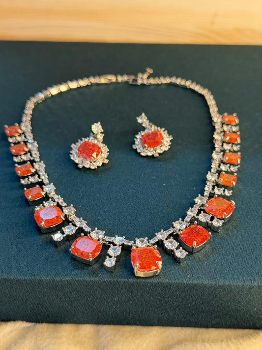Fierce Orange Milky Stone Rhodium Silver Necklace Set with Earrings