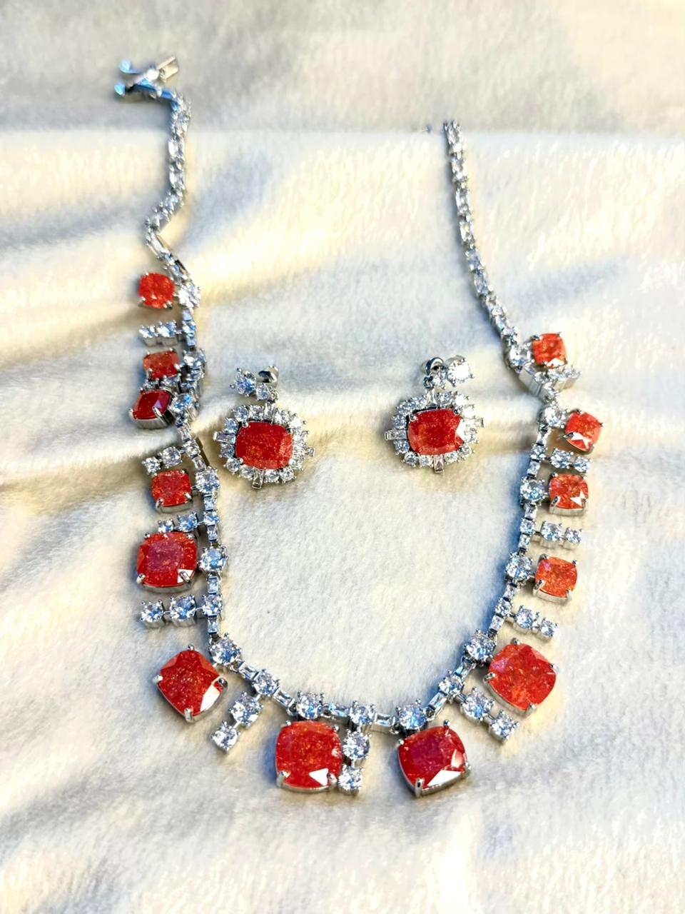 Fierce Orange Milky Stone Rhodium Silver Necklace Set with Earrings