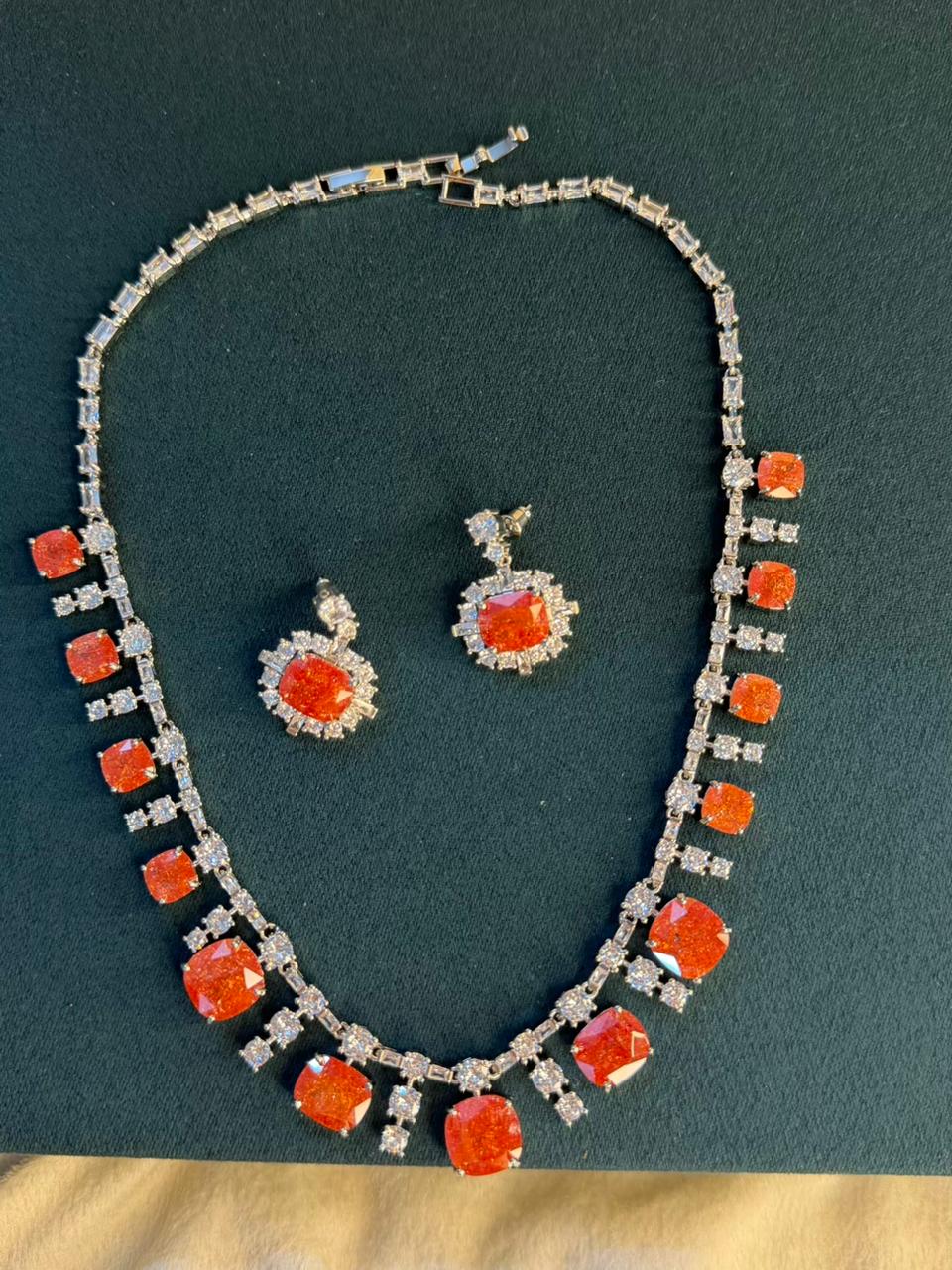 Fierce Orange Milky Stone Rhodium Silver Necklace Set with Earrings